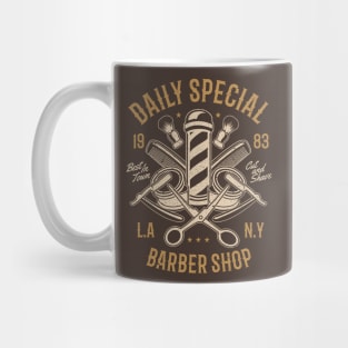 Daily Special Retro Barbershop Pole L.A. N.Y. Cut And Shave Scissors And Razors Mug